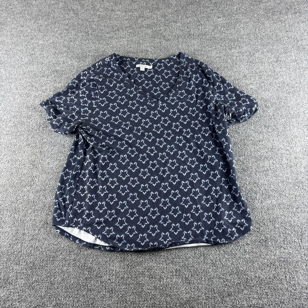 Chico's Shirt Womens 2 Blue Geometric V Neck Short Sleeve Jersey Top Tee
